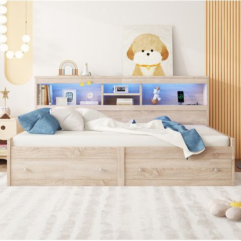 Sofá cama 90/200 cm natural de aglomerado y MDF con USB, iluminación ambiente y cajones (1/5)