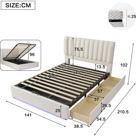 Lit coffre enfant avec vérin hydraulique, sommier à rangement spacieux, 3 tiroirs, bandeau LED, revêtement velours doux, lit rembourré beige, gain de place, 140x200 cm (1/5)