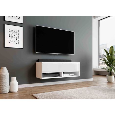 furnix tv lowboard Alyx meuble TV commode w100 x h34 x d32 cm - sans led White Matt / Glossy White (1/5)