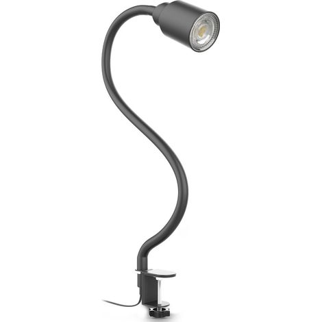Lampe à pince LED 5W 400lm 3000K Blanc chaud Flexible et orientable avec col de cygne et interrupteur à bascule Métal Noir Lampe de lecture Bureau, chevet, chambre, bureau