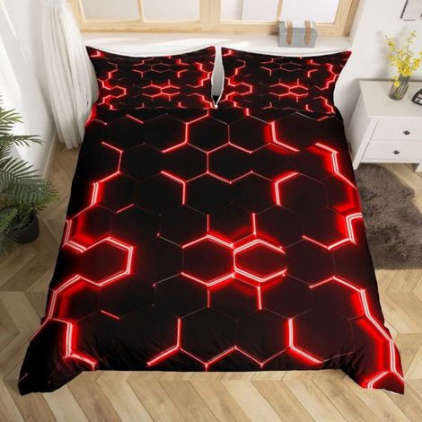 Housse De Couette - 200x200cm - Motif Hexagonal Nid Dabeille - Rouge Et Noir - Parure De Lit Avec 2 Taies Doreiller 65x65cm (1/5)