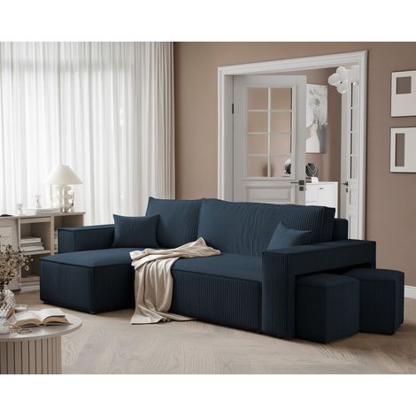 Ecksofa Schlafsofa Sofa ADARA inkl. Hocker Stoff Poso Blau Ottomane Links
