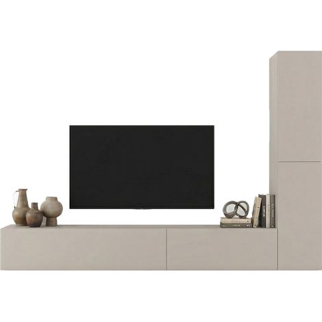 Pared Modular Gatafa, Mueble de Salón con 4 Estantes, Puerta Abatible, Beige