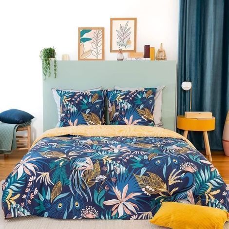 CÔTE DECO Parure de lit avec Housse de Couette 140x200cm + 1 taie d'oreiller 63x63cm Motif Feuilles Tropicales 100% Coton adouci