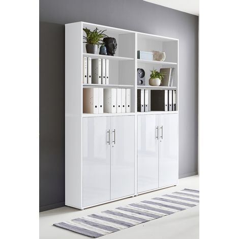BMG Möbel abschließbare Regalwand/Schrankwand, Office Edition Set 11, weiß / weiß hochglanz