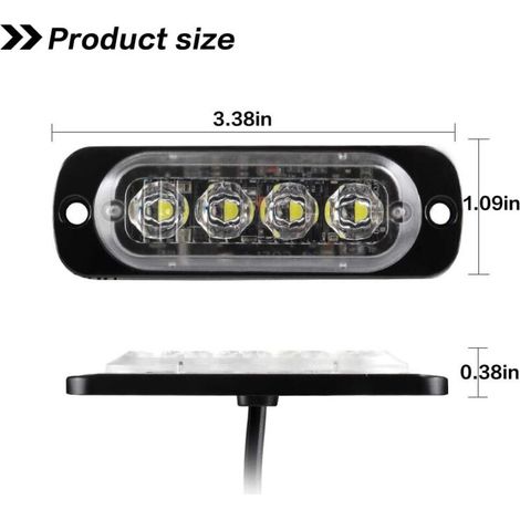 4pcs Ultra Mince 4LED Lumières Stroboscopiques d'urgence Blanc Danger Balise Avertissement Clignotant Lumières Universelles Pour Voiture Véhicule Camion 12-24V(Lumière rouge,2M) (1/4)