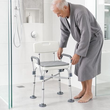 Tabouret Douche Réglable 5 Niveaux, Chaise Douche, Accoudoirs, Coussin Amovible, Gris (1/2)