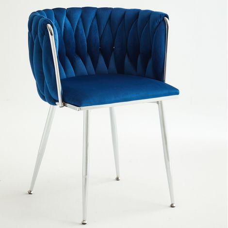 Silla de comedor tapizada azul marino con reposabrazos, patas metálicas, set de 2 (1/5)