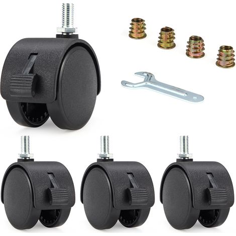 Roulettes pour Meubles 4 Pcs de Rouleaux de 2 Pouces avec Frein, Roues Pivoteuses 360° en Nylon Haute Résistance, Double Piste, Inclut Écrous et Clé pour Installation Facile