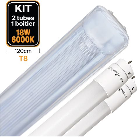 Kit 2 LED-Röhren T8 18W Kaltweiß + Wasserdichtes Gehäuse 120cm (1/5)