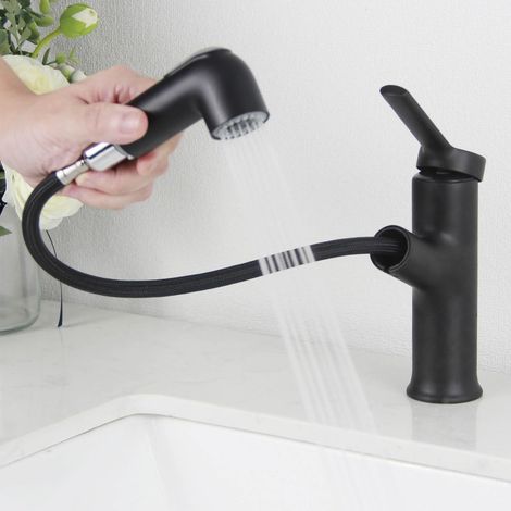 Robinet de salle de bain noir avec douchette extractible, mitigeur lavabo 2 types de jet d'eau, mitigeur monocommande haute pression (1/5)