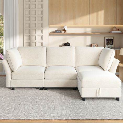Canapé d’angle modulaire 4 places avec pouf de rangement en chenille beige (1/5)