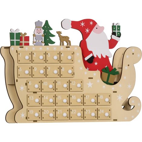 Calendrier de l'Avent en bois naturel 22,5x8x36 cm avec 24 tiroirs réutilisable, décoration intérieure design sobre pour Noël pratique et compact