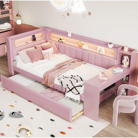 MEUBLIV Letto 90x200 cm rosa con letto estraibile, scrivania, LED e USB, senza materasso (1/5)