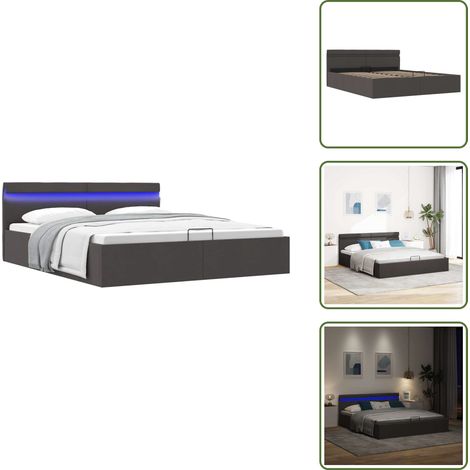 Letto matrimoniale - vidaXL Giroletto con Contenitore e LED Grigio Scuro Tessuto 180x200 cm - Letto con meccanismo idraulico
