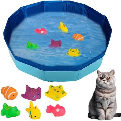 Piscine pour chat - 30 x 10 cm Pliable Avec 6 jouets de pêche - Mini piscine pour chat et chien Jouet aquatique Mini piscine d'été (1/5)