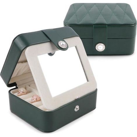 Schmuckkästchen Reise Spiegel PU Leder Ringe Hellgrün S12.5x10.5 (1/5)