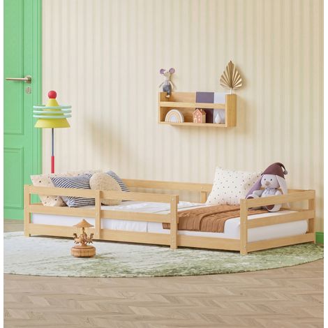 Letto Montessori a pavimento in legno di pino naturale 90x200 cm con testiera perimetrale di sicurezza e rete a doghe inclusa