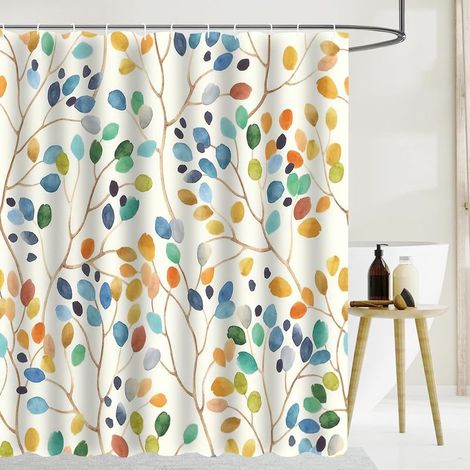 CCYKXAA – Rideau de douche 150 x 180 cm en polyester anti-moisissure et lavable, avec œillets et 12 anneaux – Motif de plantes multicolores (1/4)