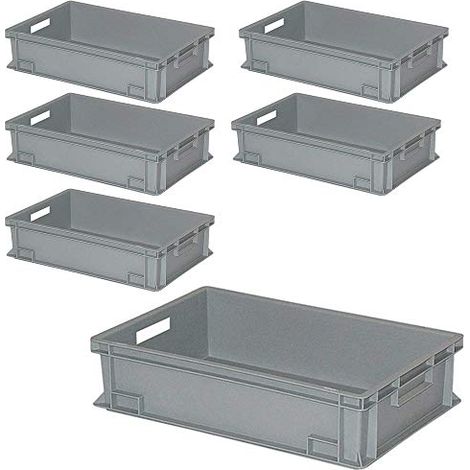 BRB 6er Set Eurobehälter mit 2 Durchfassgriffen 600x400x150 mm, 27 Liter, grau