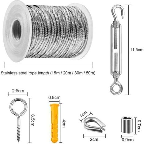 Câble Acier Inoxydable etendoir à suspendre,Corde en Acier Inoxydable à Suspendre,File a Linge Extérieur,Etendoir a linge exterieur,Câble Métallique Extérieur,kit cable inox garde corps (30M)