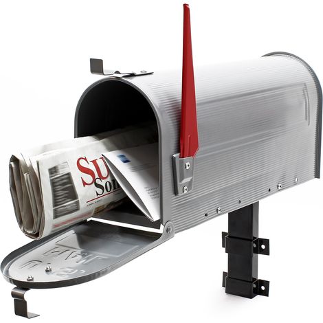 Wiltec Kit Boîte aux lettres américaine et support mural, 180 x 220 x 480 mm, Gris argenté, Acier galvanisé, Boîte postale US Mailbox avec fanion rouge