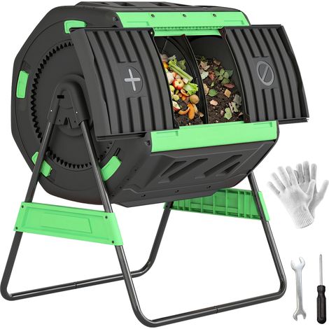 Compostiera Domestica 200L a Doppia Camera con 8 Prese D'Aria, in PP e Metallo, 94x67x98 cm, Verde e Nero