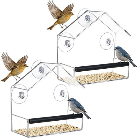 Lot de 2 mangeoires transparentes pour oiseaux : mangeoire à oiseaux en acrylique transparent, avec toit de pluie, fenêtre, silo de nourriture, ventouses, pour balcon, 15 x 15 x 6,5 cm (1/5)
