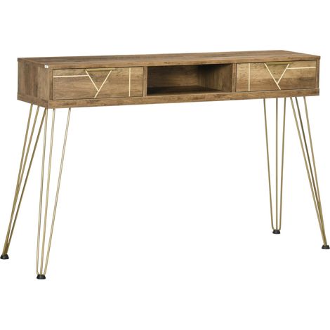 Console d'entrée avec 2 tiroirs, une étagère ouverte et des pieds en acier, 120 x 29 x 79 cm, bois et bronze (1/5)