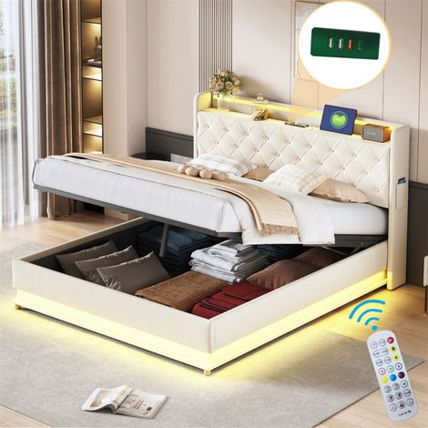 Lit coffre rembourré LED - SINGULARITY - 160x200 - Tissu lin beige - Port USB - Rangement hydraulique (1/5)