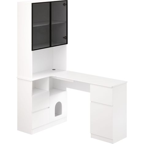 Bureau d’angle avec étagère et vitrine, 120x80x180 cm, 3 tiroirs, 2 portes, compartiments ouverts et niche pour animal – Bibliothèque intégrée