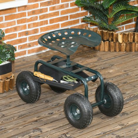 Sedia da giardino, girevole a 360° e regolabile in altezza, con vassoio porta attrezzi, portata massima 150 kg, verde.