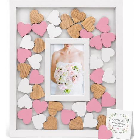 Livre d'or de mariage dans un cadre photo avec 72 cœurs en bois à écrire - Livre d'or de mariage - Cadre en bois MDF blanc - 43 x 31 cm (cœurs multicolores) (1/5)