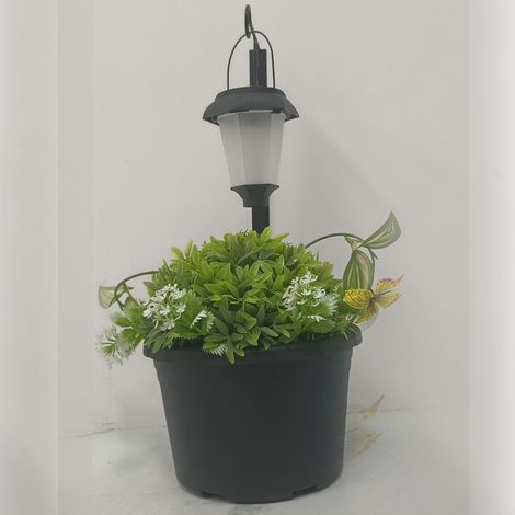 Lanterne solaire extérieure avec pot de fleurs, lampe décorative étanche IP65 pour jardin et terrasse, lumière blanche chaude, structure en métal noir, dimensions 45 x 20 cm (1/4)