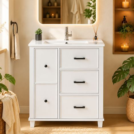 Modernluxe - Meuble de salle de bain avec vasque en céramique - 76.5x47x83cm - avec 5 tiroirs - Finition laquée - Blanc (1/5)