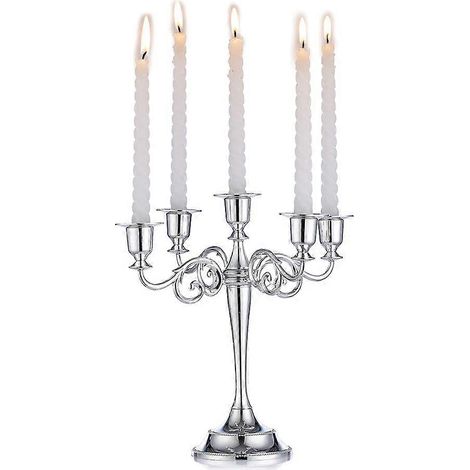 chandelier rétro à cinq têtes en métal, ornement de luxe pour mariage, coupelle décorative pour bougie (argentée) (1/5)