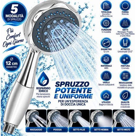 Soffione Doccetta Doccia a 5 Getti Ø12cm Cromato in ABS universale G1/2" (1/5)