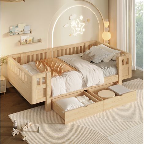Kinderbett 90x200 cm in Holzoptik mit hohem Schutzgitter und 2 Schubladen (1/5)