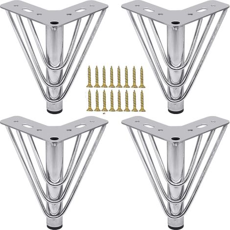 Quatre pieds de meuble en métal chromé, modernes et élégants, interchangeables et compatibles avec les canapés, les tables basses (jusqu'à 15 cm de hauteur), les meubles TV et les meubles de salle de