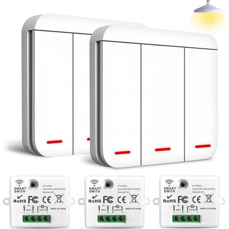 Interrupteur Sans Fil 433Mhz - Interrupteur Va et Vient Sans Fil avec Récepteur 2200W/10A (Kit 2 pièce 3 in 1 interrupteurs + 3 récepteurs) (1/5)