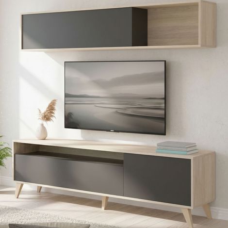 Dmora - Mueble TV Tambo, Conjunto de salón mueble TV, Mueble salón multiusos, 180x41h180 cm, Antracita y Roble Nodi (1/5)