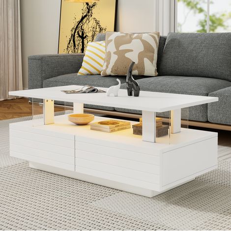 Tavolino da caffè 100x50x42 cm bianco in acrilico con LED, 2 cassetti e ripiano contenitore (1/5)