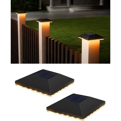 Chapeau de poteau solaire IP65 étanche – Lot de 4 lampes solaires pour poteaux 7x7 à 10x10 cm – Éclairage automatique 14h – Installation facile (1/5)