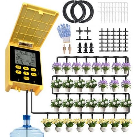 1 kit arrosage automatique solaire, double pompe avec écran LCD, goutte-à-goutte pour 30 plantes, terrasse et balcon