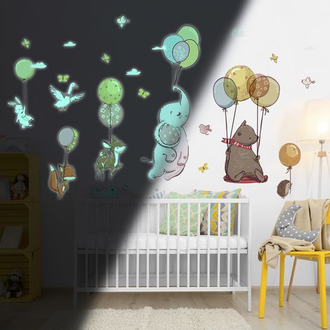 Sticker phosphorescent lumineux - ANIMAUX ET BALLONS DANS LES AIRS - Autocollant mural plafond enfant fluorescent - 40x30cm (1/5)
