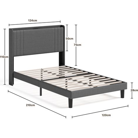 Lit Simple Capitonné 120 x 200 cm avec Prise et Tête de Lit LED Réglable Rangement Bealife Sommier à Lattes Tissu en Lin Lit Enfant Adolescent Gris Foncé
