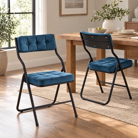 Lot de 2 chaises pliantes - Chaises de salle à manger pliables avec coussin, portables et déjà assemblées, idéales pour les invités (cuisine, bureau, mariage, fête). Bleu (1/5)