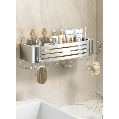 Étagère de salle de bain en aluminium argenté, fixation murale auto-adhésive, porte-shampoing, panier de rangement pour maquillage, panier de rangement. (1/5)
