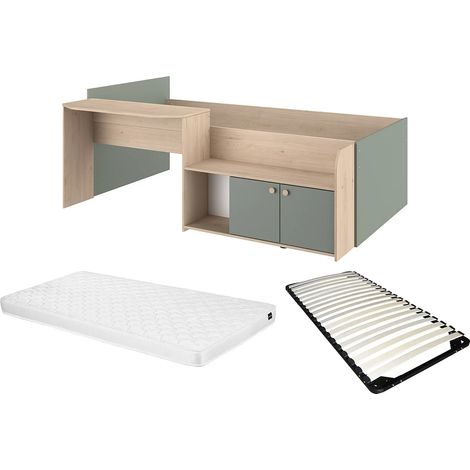 Letto combinato 90 x 190/200 cm Naturale e Verde + Rete a doghe + Materasso - MIVONA (1/5)
