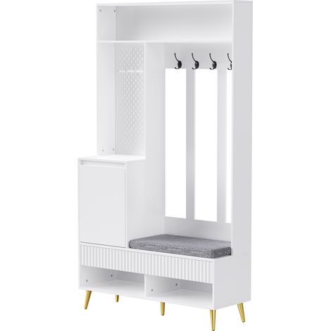 Ensemble porte-manteau mural pour entrée avec banc à chaussures, 4 crochets, deux tiroirs et 1 porte, blanc, 100 Lx35Bx180H cm (1/4)